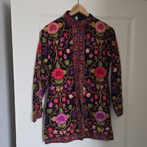 Embroidered Floral Black Jacket with Pink, Red & Green Accents